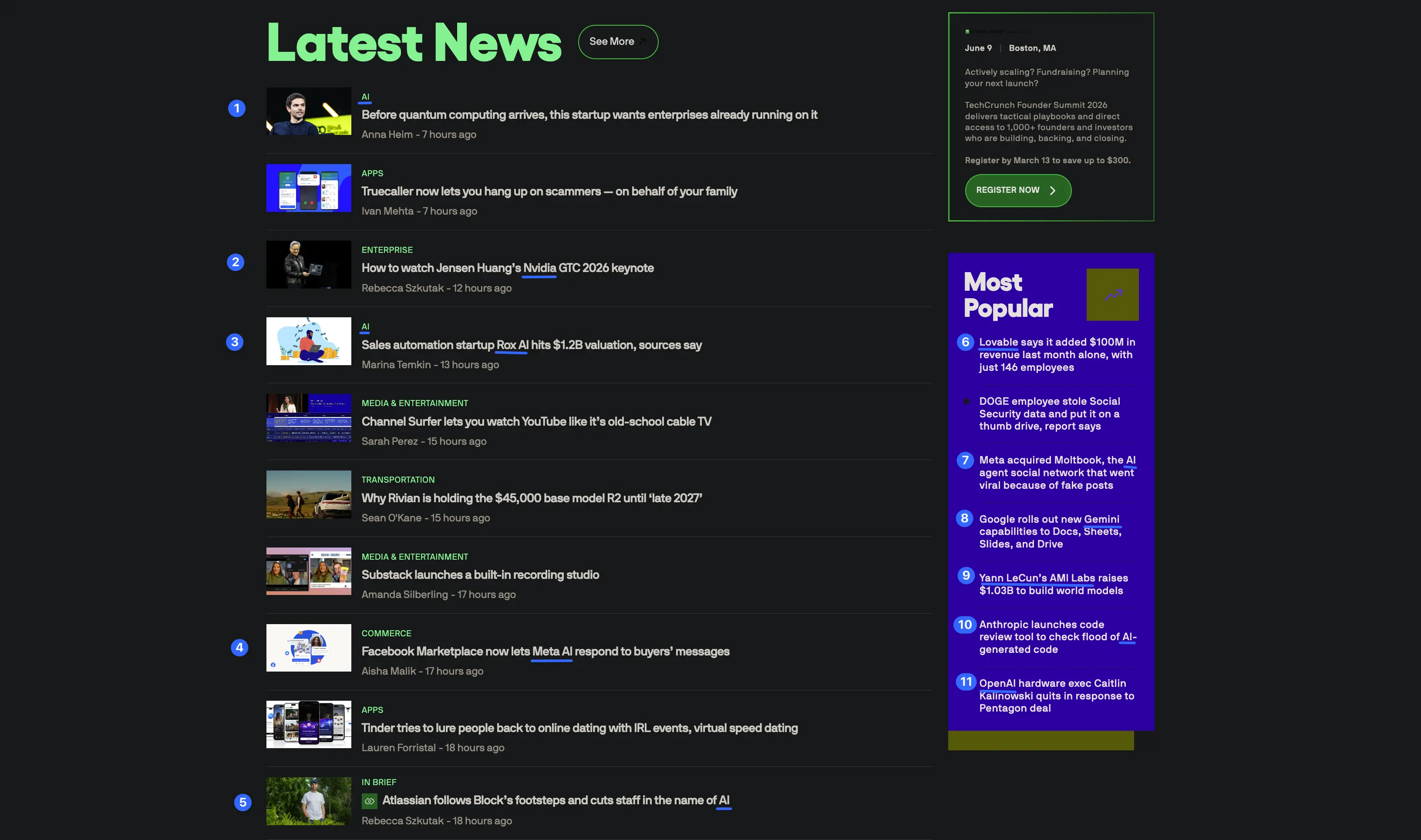 The TechCrunch homepage